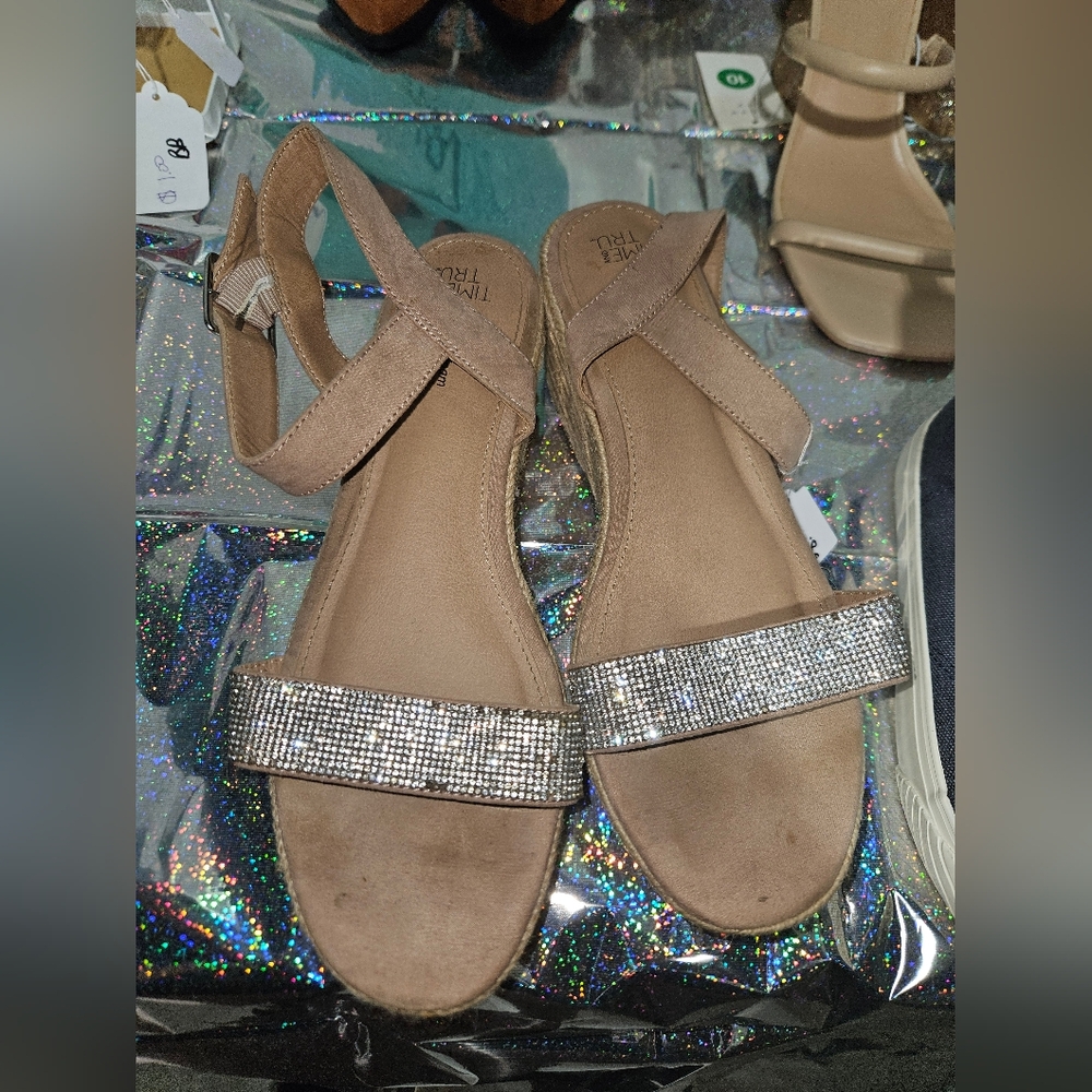 Time and Tru Tan Rhinestone Strap Wedge Sandals